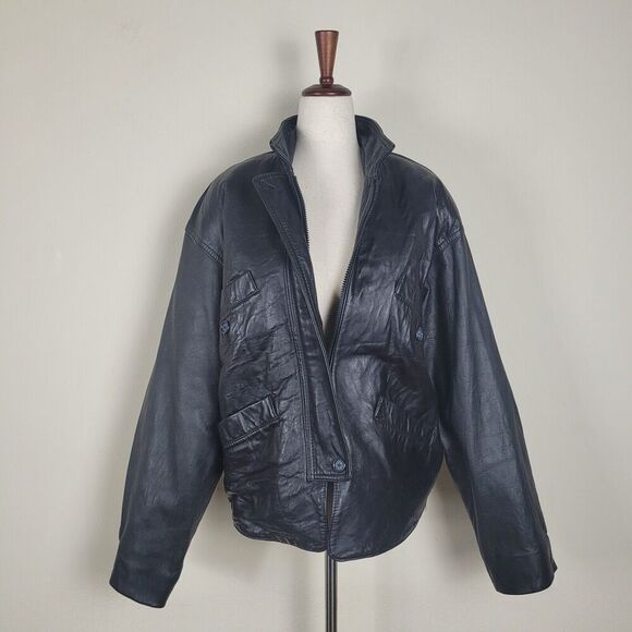 Vintage Fantasia Jacket Large Black Leather Moto Biker Zip Collared 90s 80s - Picture 2 of 9